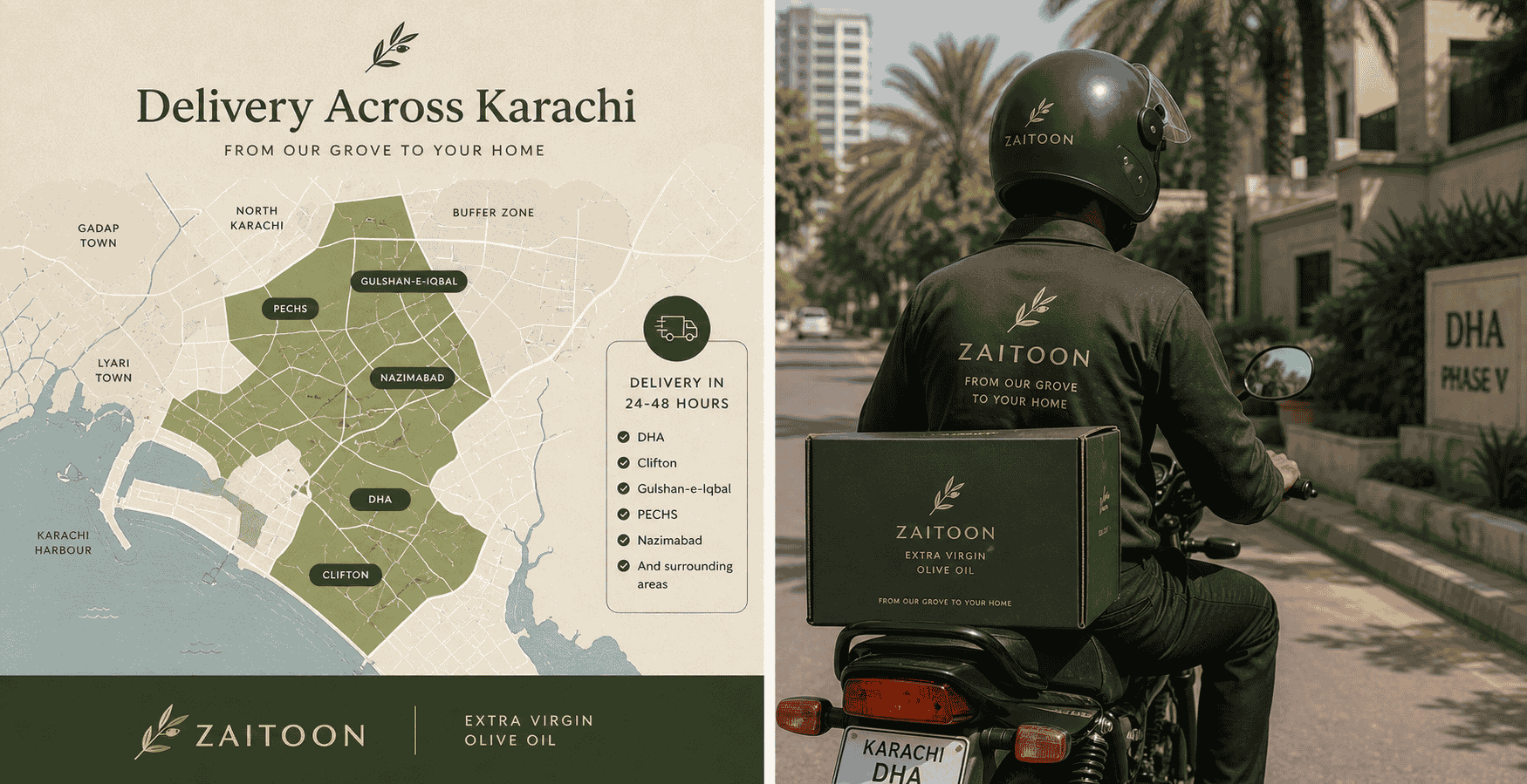 کراچی میں زیتون کے تیل کی ڈیلیوری کے علاقے — ڈی ایچ اے، کلفٹن، گلشن، ناظم آباد کا نقشہ