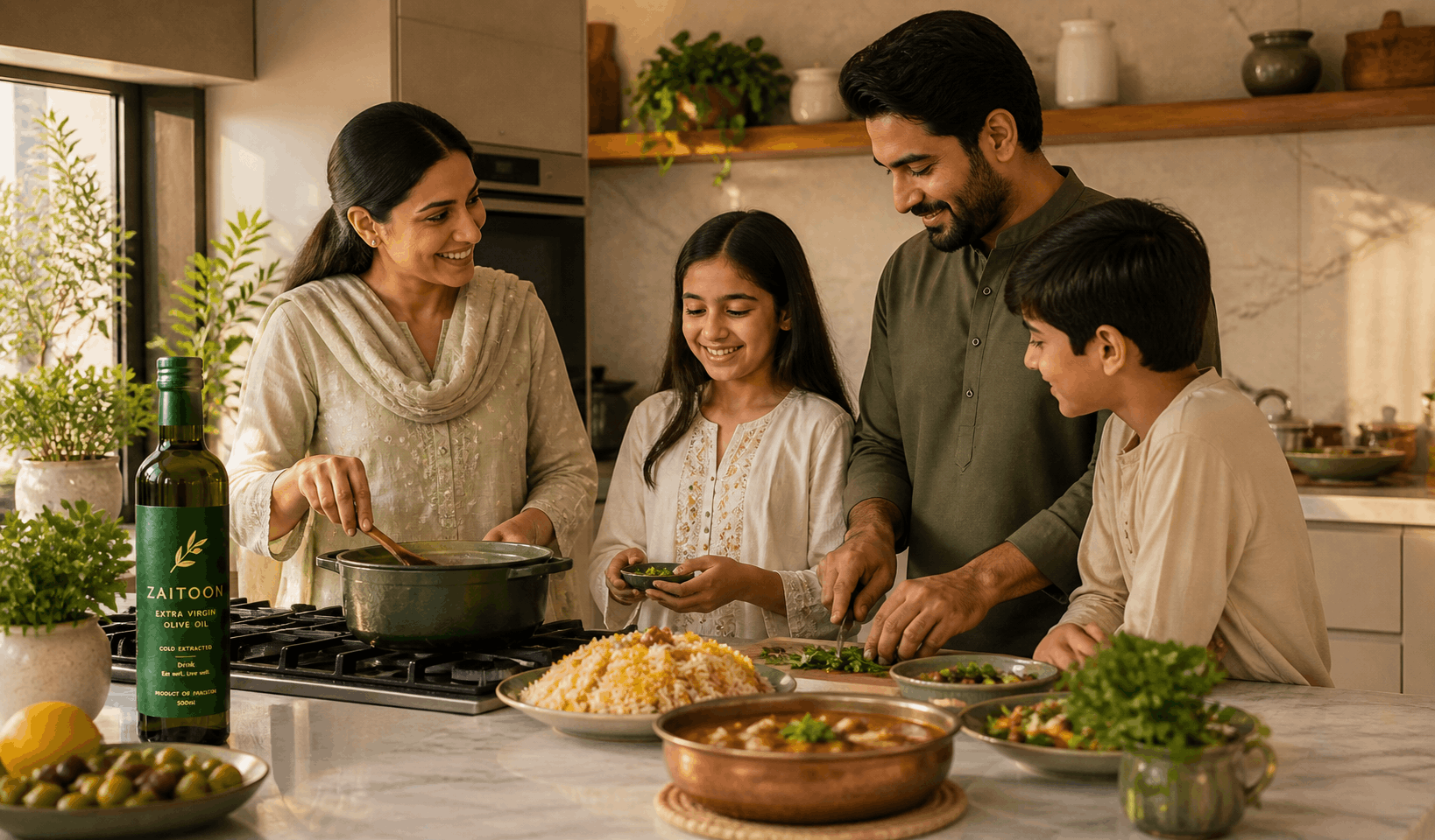 Pakistani family cooking with olive oil in Lahore kitchen — healthy cooking