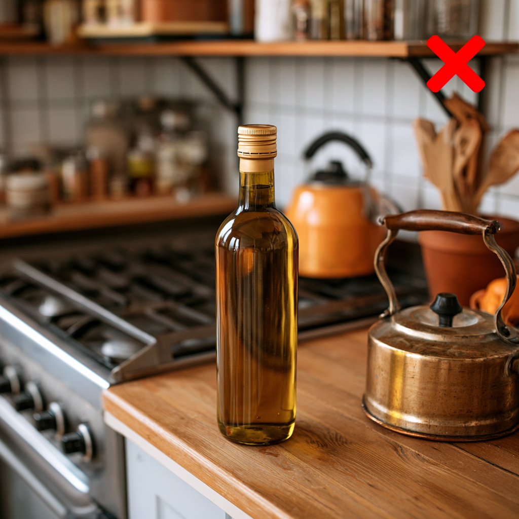 Wrong olive oil storage — open shelf near heat source in Gujranwala kitchen
