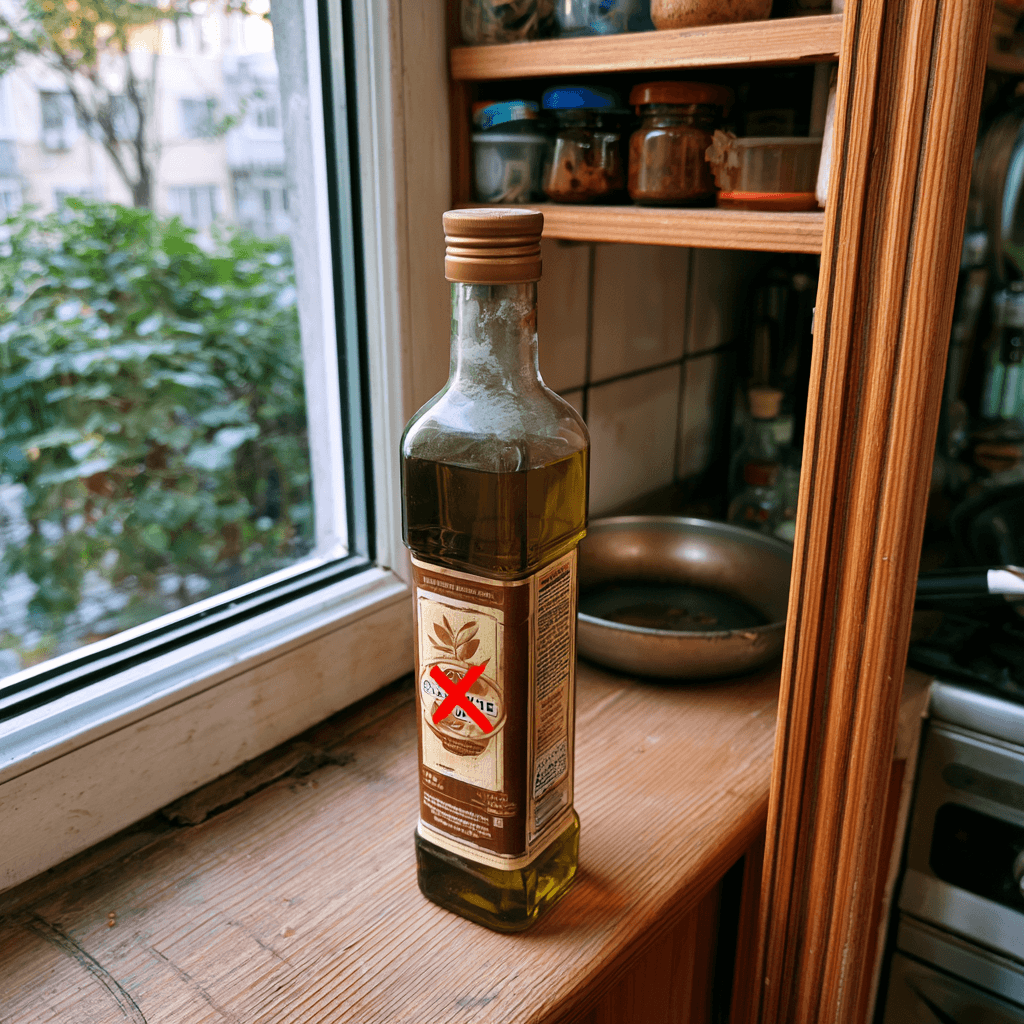 Wrong olive oil storage — open shelf exposed to Peshawar dust and dry heat